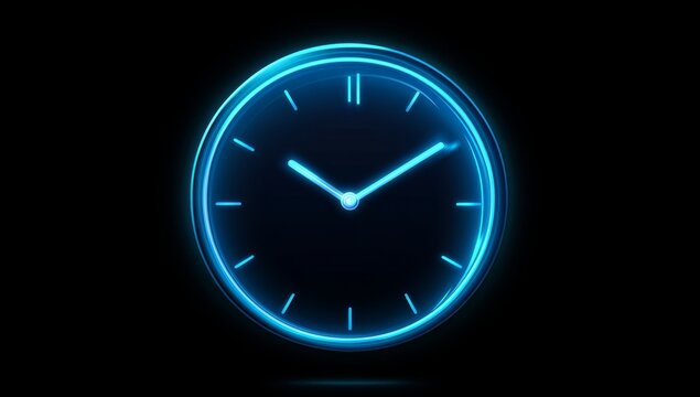 A futuristic digital clock light effect. A glowing silhouette of a clock representing time. Background laser blue neon clock vector illustration