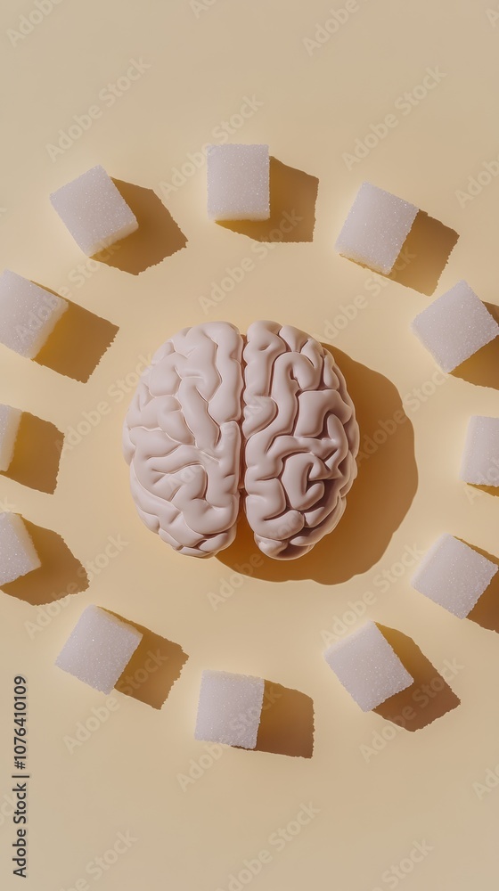 Poster Sugar cubes encircle a brain model on yellow, showing sugar's impact on cognition and the need for a healthy lifestyle