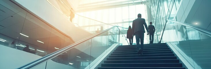 Obraz premium A blurred photograph of business people walking up and down the stairs in an office building made of glass with steel frames. Blurred motion