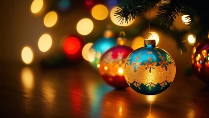Colorful Christmas ornaments hanging on a festive tree, illuminated by soft bokeh lights, creating a warm holiday atmosphere perfect for seasonal celebrations