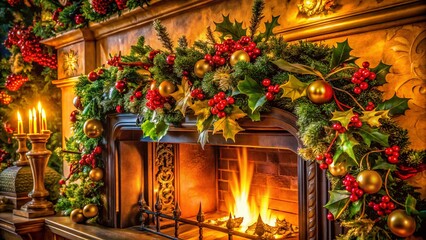 Captivating Low Light Photo of a Grand Fireplace with a Christmas Mantle Adorned with Holly and Ivy, Creating a Warm, Festive Atmosphere for the Holiday Season