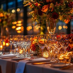 Elegant table setting at a sophisticated corporate event with soft lighting and floral centerpiece