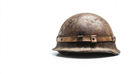 Fototapeta premium A vintage military helmet with a weathered finish tells stories of bravery. This artifact symbolizes strength in conflict. History is etched in its surface. Generative AI