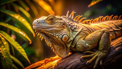 Fototapeta premium Captivating Low Light Photography of a Majestic Big Iguana in its Natural Habitat Surrounded by Lush Greenery, Highlighting the Unique Texture and Features of its Scales