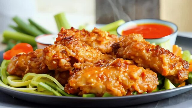 vibrant display deepfried chicken drumsticks served platter surrounded fresh vegetables dipping sauces rich colors textures invite viewer indulge mouthwatering celebratory meal embodies joy holiday