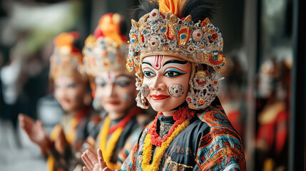 Fototapeta premium Group of dancers wearing traditional ornate masks and costumes, featuring detailed headdresses and face paint, performing a cultural dance. The image captures vibrant colors and intricate designs.