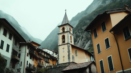 Obraz premium Picturesque mountain village with a church tower and colorful buildings surrounded by misty green mountains