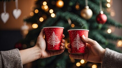holiday theme takeaway coffee cup in couple chrismas background
