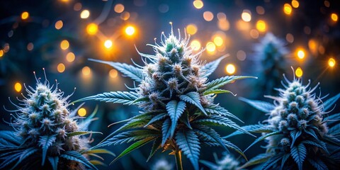 Obraz premium Captivating Low Light Photography of White Cannabis Buds Glimmering Under Dim Ambient Light, Showcasing Intricate Trichomes and Unique Textures for Nature and Health Related Themes