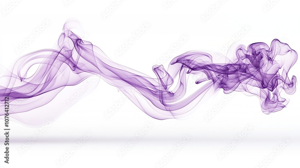 Poster Smooth flowing purple smoke elegantly drifting and swirling in soft harmonious lines against a clean minimalist white background creating a serene calming