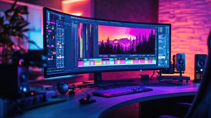 Desktop with Video Editing Software and Colorful Lighting