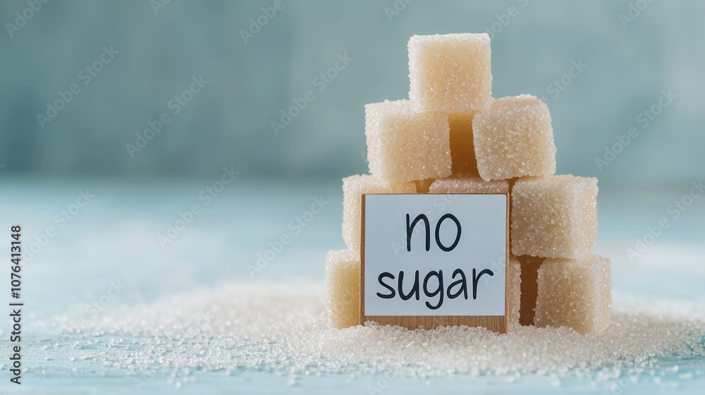 Poster sugar cubes stacked on top of a small wooden block with the inscription no sugar symbolizing the con