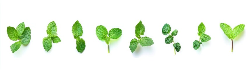 A Row of Fresh Green Mint Leaves Isolated on White