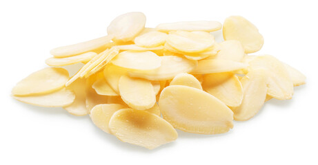 Almond flakes, slices of blanched almonds nuts isolated on white background. File contains clipping...