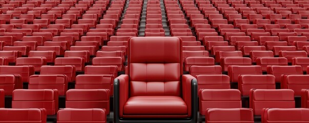 Fototapeta premium A striking image of a single red chair amidst a sea of empty red seats, evoking feelings of solitude and focus.