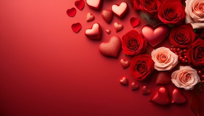 Roter Valentinestag Hintergrund mit Dekoration in Form von Rosen und Herzen mit Platz für Text.