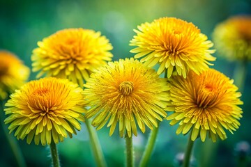Fototapeta premium Captivating Macro Photography of Seven Bright Yellow Dandelion Flowers in Nature, Showcasing Their Unique Details and Vibrant Colors Against a Soft Green Background