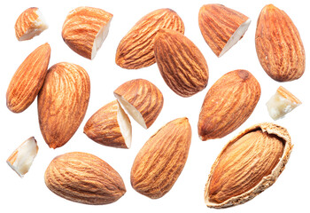 Set of almond nuts and cracked almonds isolated on white background. File contains clipping paths.