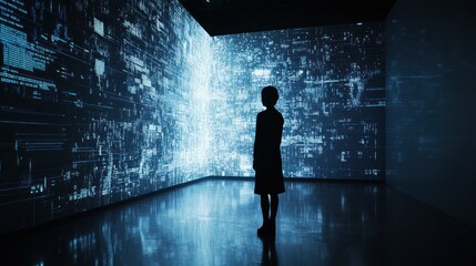 Fototapeta premium Silhouette of a Girl in a Room Filled with Binary Code