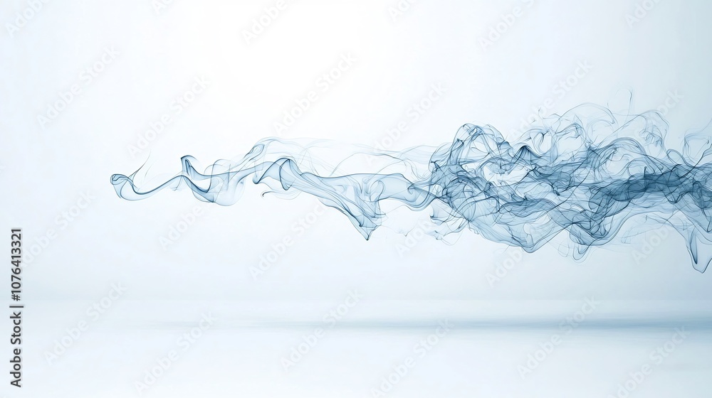 Poster soft blue toned smoke with intricate swirling lines floating on a clean white background evoking a s