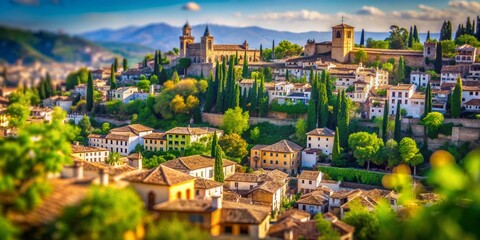Fototapeta premium Captivating Macro View of Albaicin Neighborhood in Granada from Alhambra, Showcasing Unique Architecture and Lush Gardens Against a Stunning Landscape