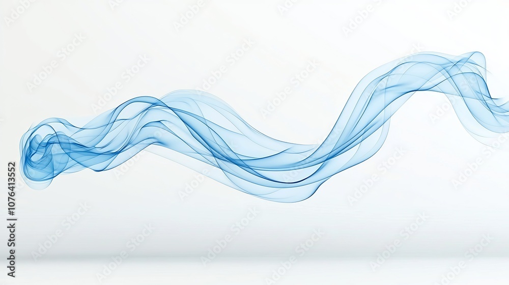 Poster delicate and ethereal blue smoke drifting and swirling in graceful flowing curves against a clean wh