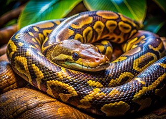 Captivating Minimalist Photography of a Reticulated Python in a Zoo Setting, Showcasing the Exotic and Dangerous Beauty of This Captive Wildlife Species