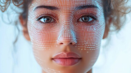 Futuristic Technology Mesh on Woman's Face Illustrating Digital Innovation and Virtual Reality
