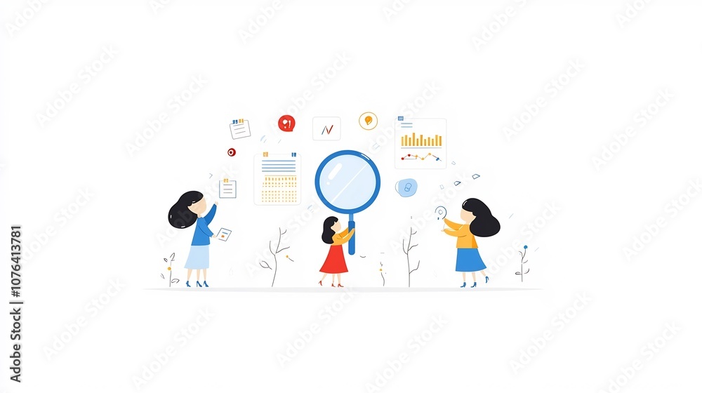 Poster Flat of a business team collaborating to analyze growth data and charts using a giant magnifying glass with a light blue color scheme