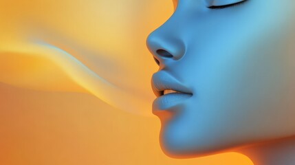 Serene Exhalation: Close-up profile of a tranquil face exhaling a gentle, vibrant plume of air, emphasizing breath, inner peace, and mindfulness.