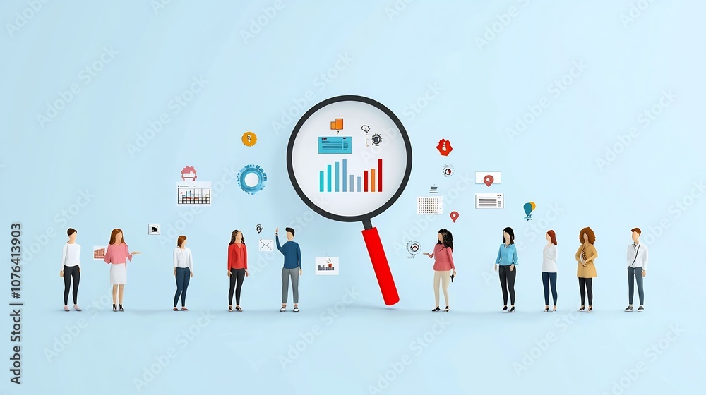 Leinwandbilder Collaborative business team lifting a magnifying glass with data charts and graphs inside showcasing teamwork and growth analysis depicted in a flat style with a soft blue background
