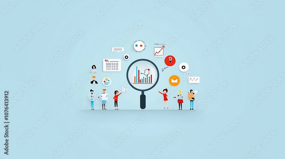 Aufkleber Collaborative Business Team Analyzing Data Insights and Growth Trends with Magnifying Glass on Soft Blue Background Flat Showing Teamwork and Strategy