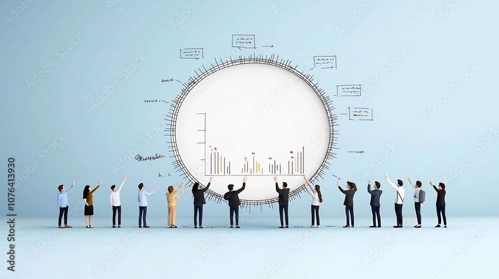 Poster Collaborative Business Team Lifting a Magnifying Glass to Examine Data Charts Showcasing Teamwork and Growth Analysis in a Flat with Soft Blue Background