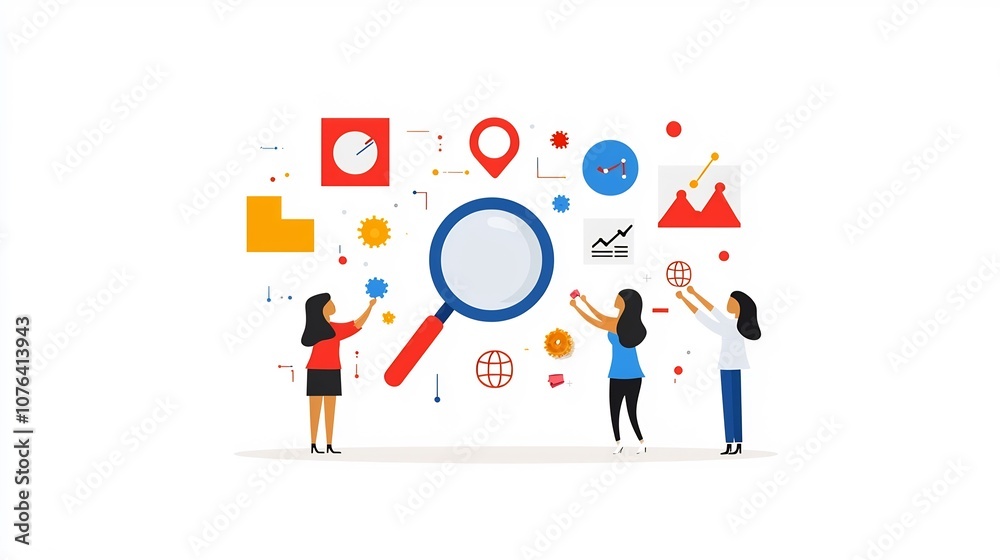 Aufkleber Three colleagues working together to analyze business data and growth metrics using a magnifying glass in a flat teamwork and data driven decision making in the office