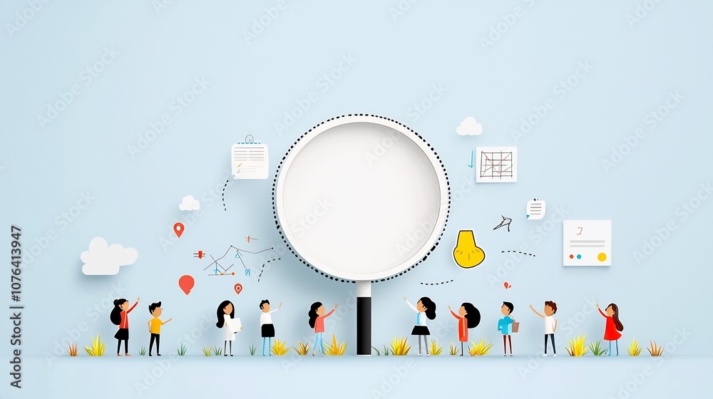 Poster Collaborative business team lifting a magnifying glass to examine data charts and graphs showcasing teamwork and growth analysis in a flat with a soft blue background