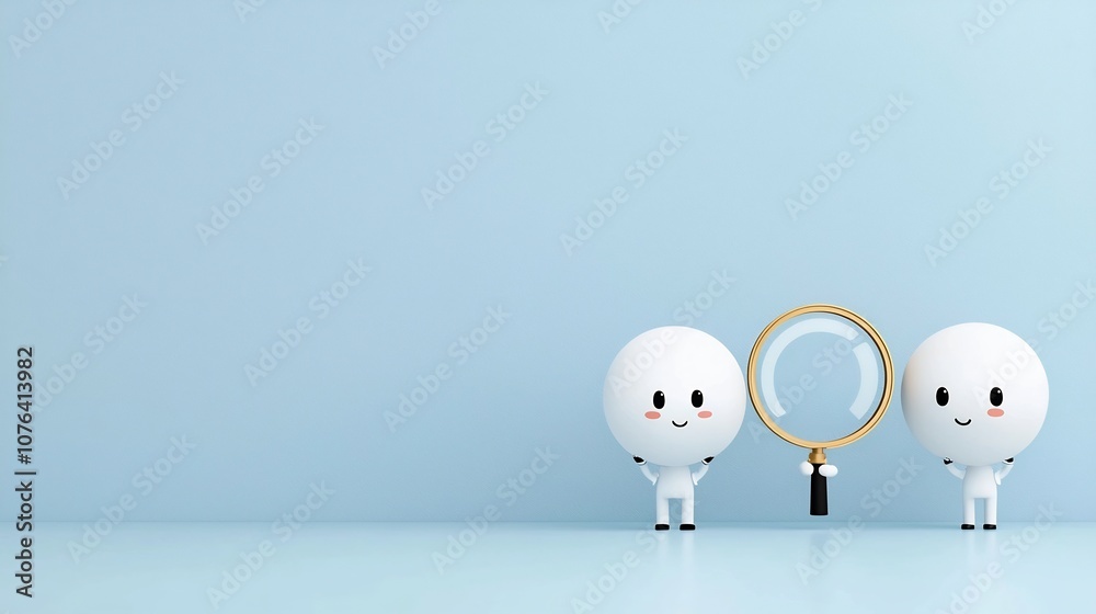 Aufkleber Light blue flat depicting three people working together to lift a magnifying glass with growth data showcasing the concept of teamwork in business analysis and data driven decision making