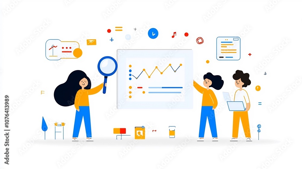 Poster light blue flat depicting a team collaboratively lifting a magnifying glass to analyze growth data a