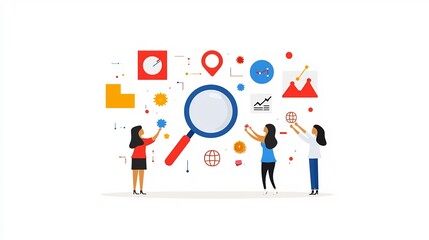 Three colleagues working together to analyze business data and growth metrics using a magnifying glass in a flat teamwork and data driven decision making in the office