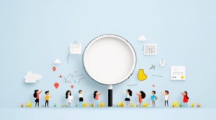 Collaborative business team lifting a magnifying glass to examine data charts and graphs showcasing teamwork and growth analysis in a flat with a soft blue background