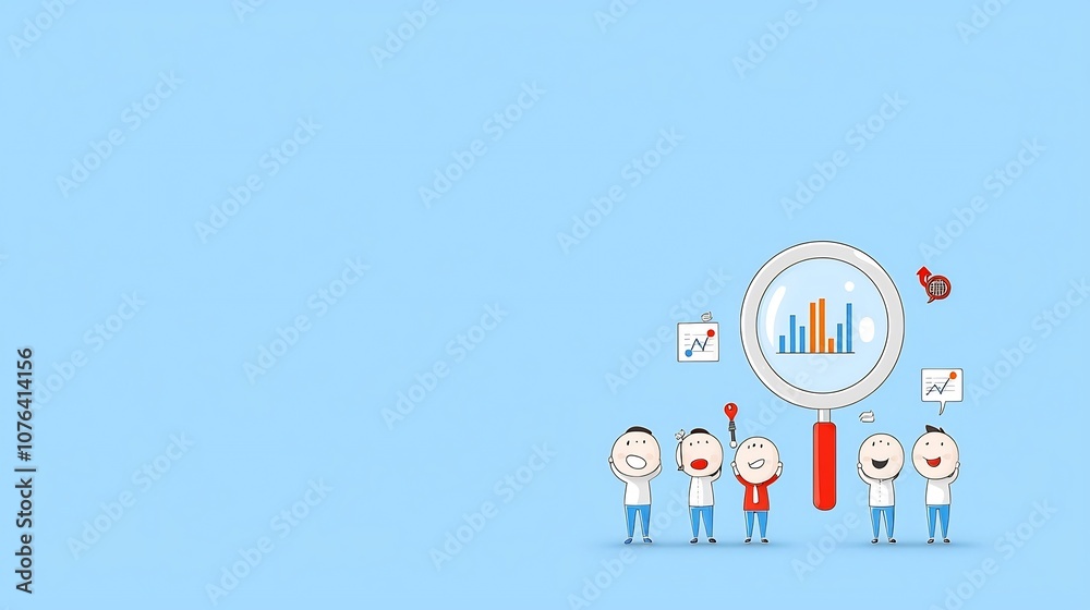 Poster of a business team holding up a large magnifying glass with graphs and charts inside representing data driven growth and strategy for corporate success
