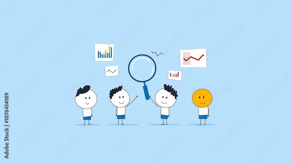 Poster three characters working together to lift a magnifying glass containing analytical graphs symbolizin