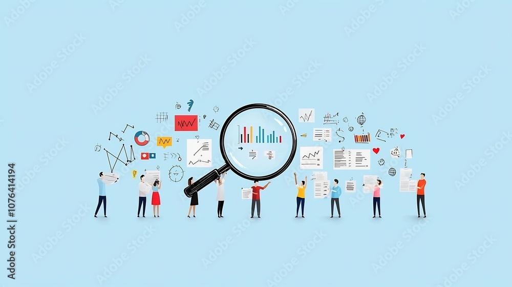 Aufkleber of a Business Team Collaborating to Analyze Data and Charts with a Large Magnifying Glass Demonstrating Teamwork Strategy and Data Driven Decision Making