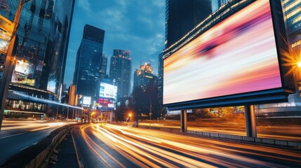 Obraz premium Night Cityscape with Billboard and Light Trails
