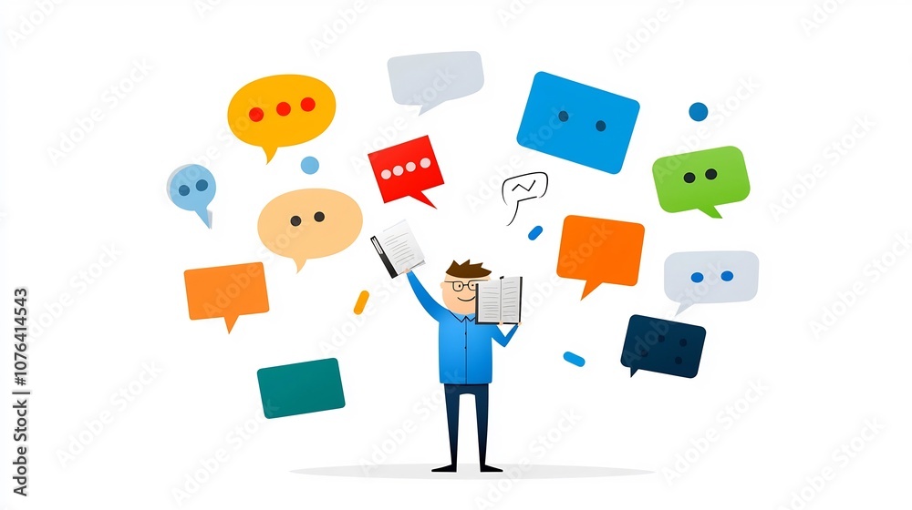 Poster Flat of a businessman in a professional blue outfit holding a notebook and surrounded by speech bubbles in various colors symbolizing the concepts of teamwork
