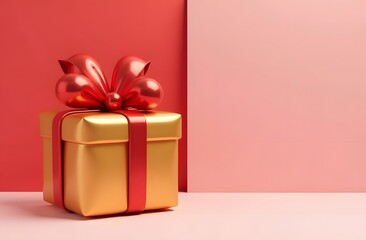 Obraz premium This golden gift box, adorned with a vibrant red ribbon and bow, is positioned against a stylish pink and red backdrop, creating an eye-catching decoration for festivities