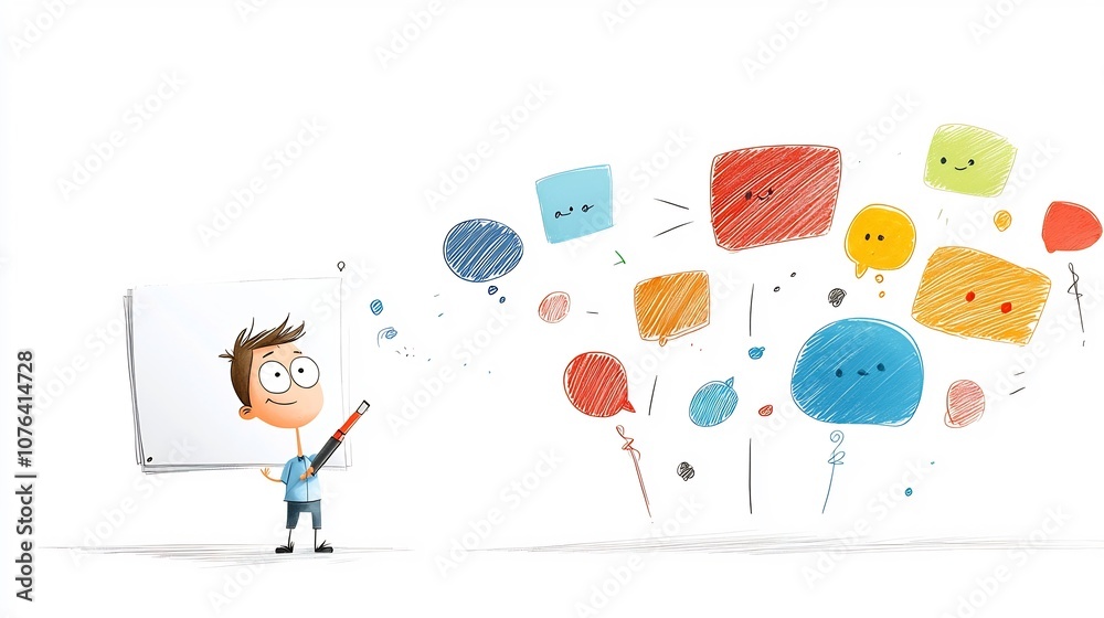 Aufkleber Cartoon of a businessman with a pen and notepad surrounded by colorful speech bubbles indicating conversation ideas and discussion in a team or office setting