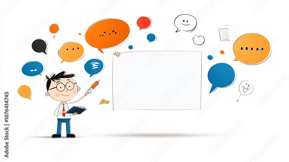 Aufkleber cartoon of a businessman with pen and notepad engaged in a conversation brainstorming and presenting