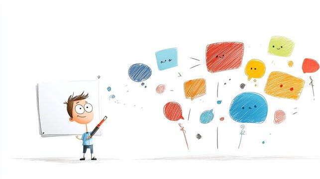 Cartoon of a businessman with a pen and notepad surrounded by colorful speech bubbles indicating conversation ideas and discussion in a team or office setting - Powered by Adobe