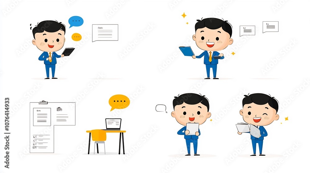 Poster Flat of a male character in a blue suit taking notes while surrounded by colorful speech bubbles symbolizing information exchange and collaborative discussion in a corporate business