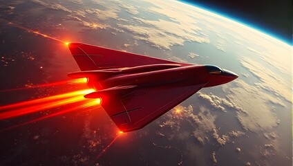 Series of photographs: futuristic aircraft in Earth orbit.